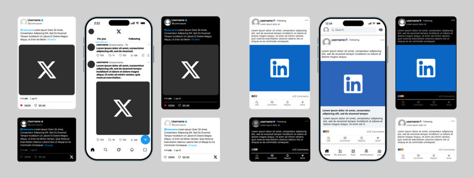 X Twitter and LinkedIn post UI mockup showing profile photo, username, caption, image, like, comment, repost, share, analytics, and modern professional interface vector illustration