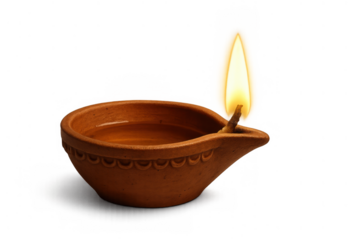 Diya oil lamp burning with a bright flame, symbolizing light purifying darkness during hindu festivals like diwali, on a transparent background