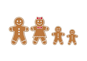 Adorable gingerbread family of four, featuring a father, mother, son, and daughter, all decorated with icing and smiles, , perfect for holiday themes isolated on transparent background