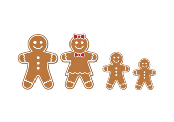 Adorable gingerbread family of four, featuring a father, mother, son, and daughter, all decorated with icing and smiles, , perfect for holiday themes isolated on transparent background