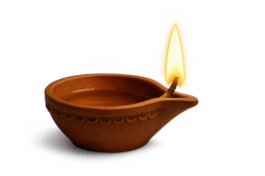 Diya oil lamp burning with a bright flame, symbolizing light purifying darkness during hindu festivals like diwali, on a transparent background - Powered by Adobe