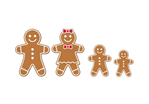 Adorable gingerbread family of four, featuring a father, mother, son, and daughter, all decorated with icing and smiles, , perfect for holiday themes isolated on transparent background