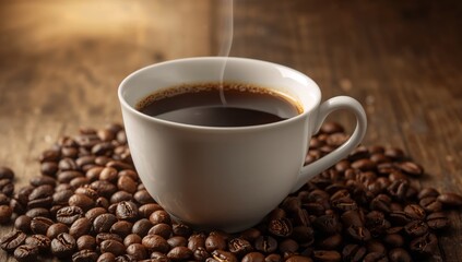 Fototapeta premium Aromatic Brew. Still Life with White Cup of Coffee, Steaming, on a Bed of Roasted Beans.