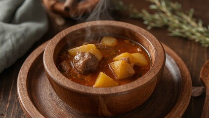 Aromatic Feast in Wooden Bowl, Steaming Stew with Earthy Tones and Culinary Delight.
