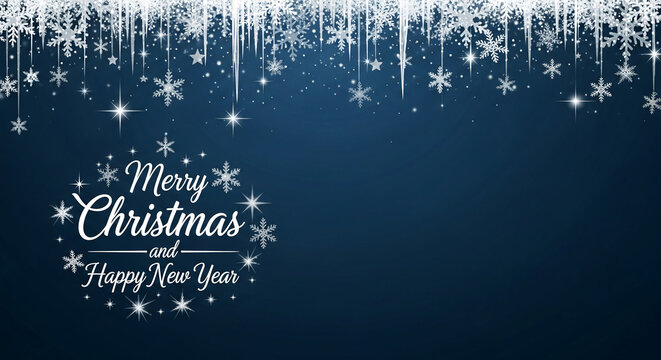 Festive image with icicle, snowflake and star on dark blue background, text "Merry Christmas" and "Happy New Year", representing holiday spirit and winter mood - Powered by Adobe