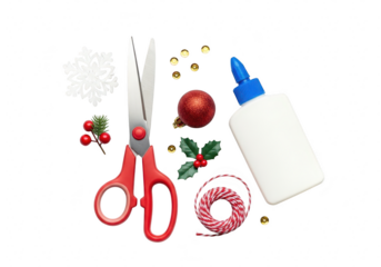 Overhead shot of christmas craft supplies including scissors, glue, ornaments, and twine, perfect for diy holiday projects isolated on transparent background