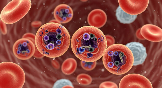 3D digital illustration of red blood cells infected by malaria parasite — microscopic science theme