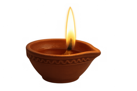 Burning diya oil lamp creating warmth and light, symbolizing diwali festival celebrations on transparent background