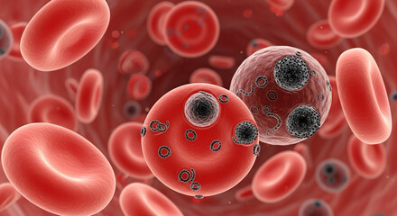 3D digital illustration of red blood cells infected by malaria parasite — microscopic science theme