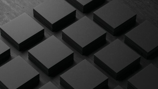 Arrangement of Black Squares on Dark Textured Surface, Minimalist Aesthetic. - Powered by Adobe