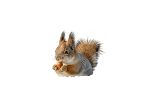 A charming squirrel perched on a snowy surface, nibbling on a nut, its bushy tail and alert expression capture the essence of winter wildlife isolated on transparent background