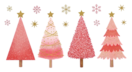 Collection of four stylized pink and red christmas trees with golden stars and snowflake decorations
