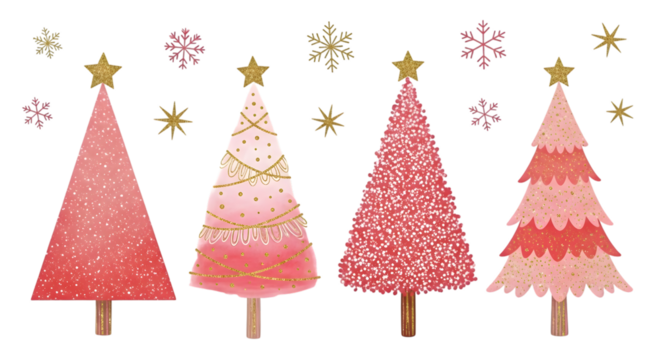Collection of four stylized pink and red christmas trees with golden stars and snowflake decorations