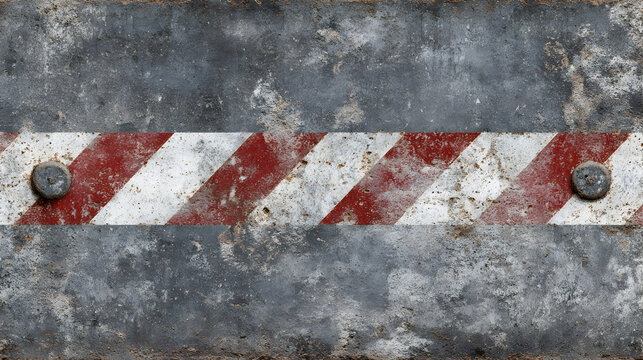 Old rusty metal surface with bolts and red white striped pattern creating industrial grunge aged texture background for vintage design
