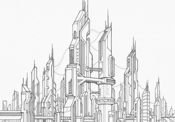 Black and White Line Art Drawing of a Futuristic Skyscraper Cityscape with Copy Space