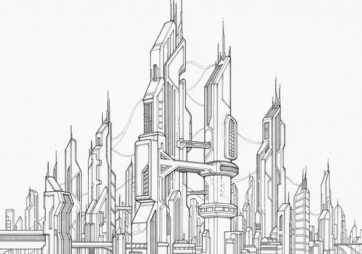 Black and White Line Art Drawing of a Futuristic Skyscraper Cityscape with Copy Space