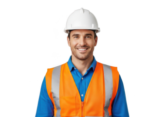 Smiling construction worker wearing a white hard hat and bright orange safety vest isolated on transparent background