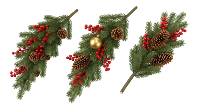 Three festive pine branches adorned with red berries, pinecones, and a golden bauble