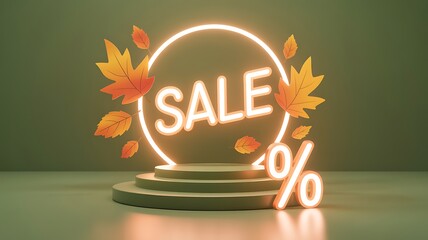 Autumn sale promotion with neon light and leaves on podium display stand