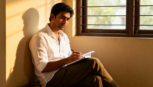 A contemplative young man writing in a notebook by a window. Focused student or writer working in warm, natural sunlight. Creativity and introspection concept - Powered by Adobe