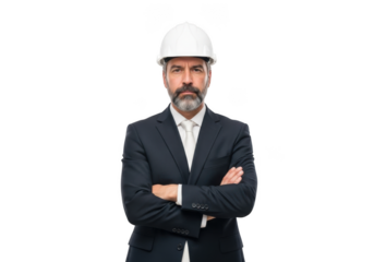 Professional bearded man wearing white hard hat and business suit with arms crossed isolated on transparent background