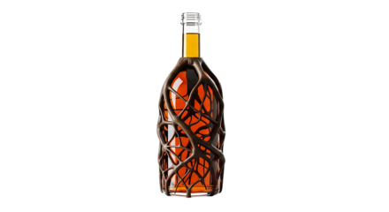 Amber liquid, a glass bottle with a dark brown abstract vine-like cage, isolated on white or transparent background, AI
