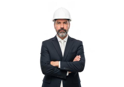 Professional bearded man wearing white hard hat and business suit with arms crossed isolated on transparent background