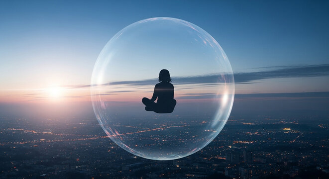 Young woman meditating inside a bubble at sunrise over the city  