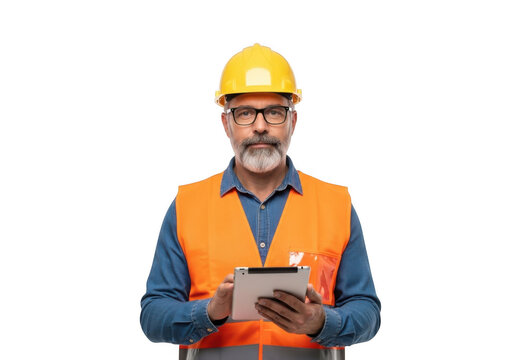 Experienced bearded construction worker wearing yellow hard hat and orange safety vest holding tablet computer isolated on transparent background