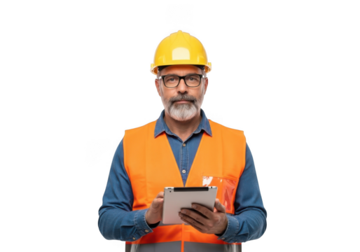 Experienced bearded construction worker wearing yellow hard hat and orange safety vest holding tablet computer isolated on transparent background