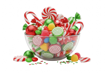 Bowl full of colorful christmas candies, including candy canes, lollipops, and other sweets, perfect for holiday treat or festive decoration isolated on transparent background