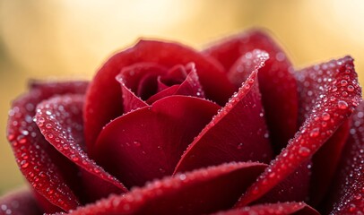 Macro close-up of a red rose in full bloom, adorned with delicate dew drops. Soft blurred background creates a romantic nature-inspired banner template for Mother’s or Valentine’s Day with copyspace.