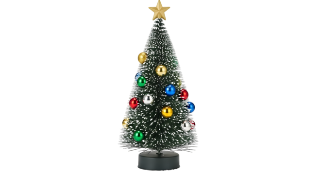 A small, decorated artificial christmas tree with colorful ornaments and a golden star on top