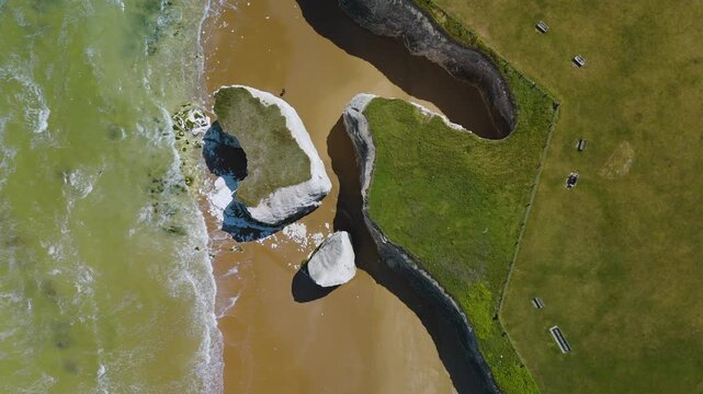 Drone aerial footage of the beach and white cliffs on Botany bay, Margate, England, UK. 