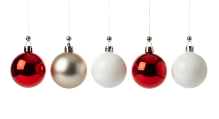 Five festive christmas ornaments, red and white, hanging in a row
