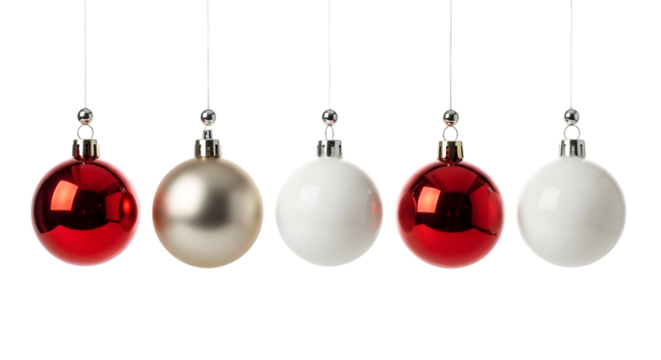 Five festive christmas ornaments, red and white, hanging in a row
