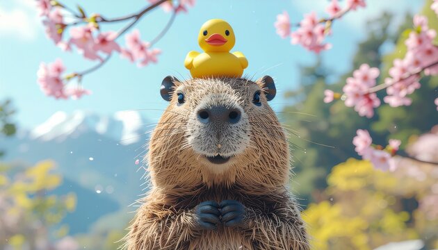 Cute little capybara with little yellow rubber duck on her head on pastel background.