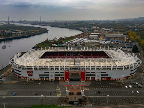 An aerial view of the Riverside Stadium, home of Middlesbrough FC in North Yorkshire, UK