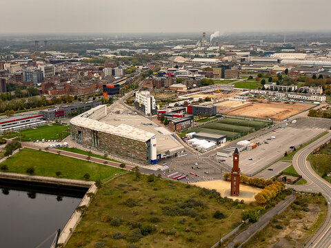 An aerial view of the College and Hydraulic Clock Tower in Middlesbrough, UK