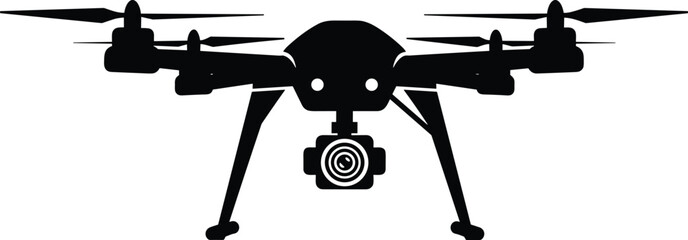 Modern quadcopter drone silhouette with camera, aerial photography equipment, technology concept, unmanned flying device, professional drone illustration, vector graphic