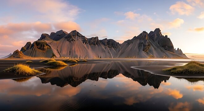 Jagged mountain range reflected in calm water at sunset peaks reflection