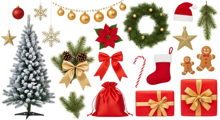 Collection of christmas decorations including a tree, presents, wreath, gingerbread man, stocking, and ornaments