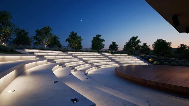 Outdoor amphitheater at dusk, modern stage and seating area