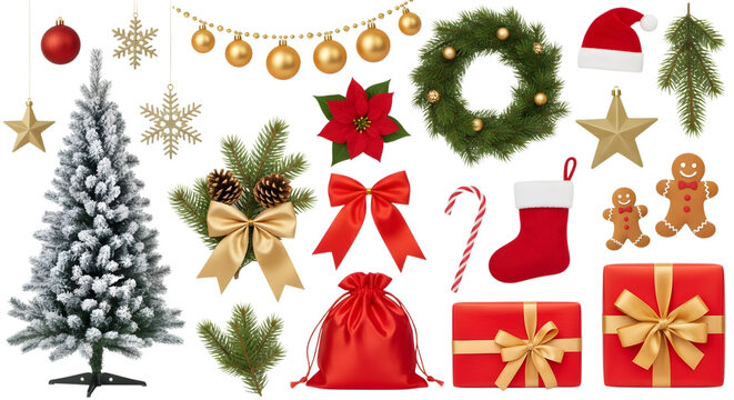 Collection of christmas decorations including a tree, presents, wreath, gingerbread man, stocking, and ornaments - Powered by Adobe