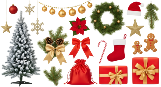 Collection of christmas decorations including a tree, presents, wreath, gingerbread man, stocking, and ornaments