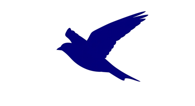 Silhouette of a blue bird, flight with white outline flying wings spread, isolated on white or transparent background, AI