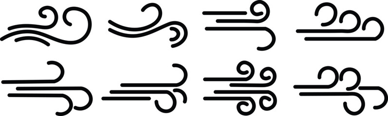 wind icon set with flowing swirls and curved lines air movement breeze weather symbols minimalist design collection