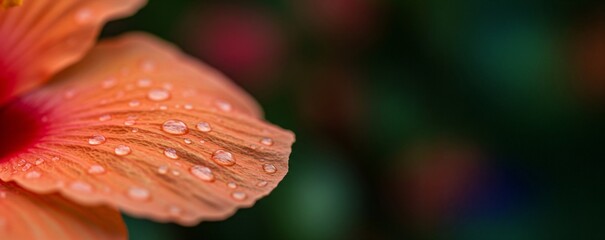 Close up of orange hibiscus flower petal with water drops on blur background. Macro photography of bloom for nature, fresh, and wellness banner concept with copy space.
