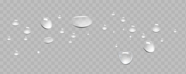 Transparent rain drops sliding slowly down the glass with gentle reflections.