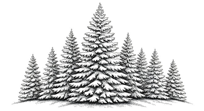 A group of snowcovered pine trees in a forest, rendered in a detailed black and white sketch style, evoking a wintery atmosphere